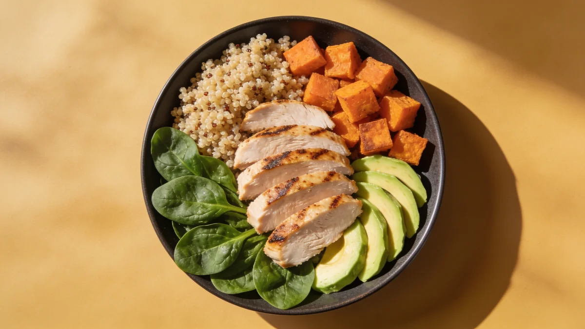 Dieta de definición muscular: qué comer para marcar sin perder músculo bowl de comida con pollo, quinoa, boniato y aguacate para dieta de definición muscular