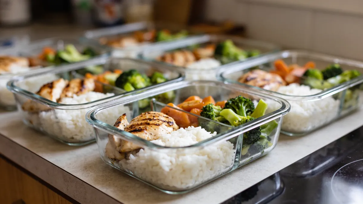 Dieta baja en FODMAP: guía de alimentos y menú semanal Menú semanal FODMAP en tarteras de meal prep con arroz, pollo y verduras