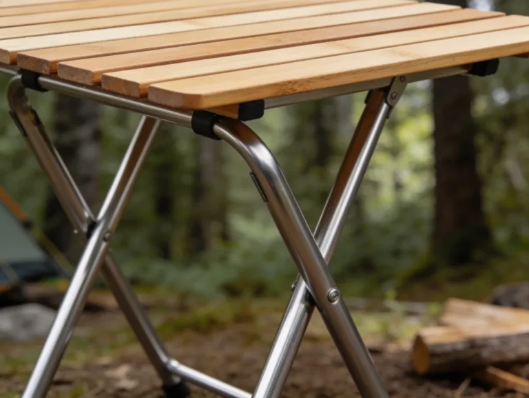 Detalle de la estructura de acero y el tablero de listones de madera de una mesa plegable de camping