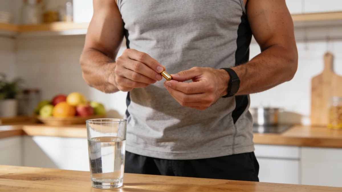 OMEGOR Vitality 1000: review honesta del omega-3 con certificación IFOS Persona tomando una cápsula de omega 3 con un vaso de agua en la cocina por la mañana