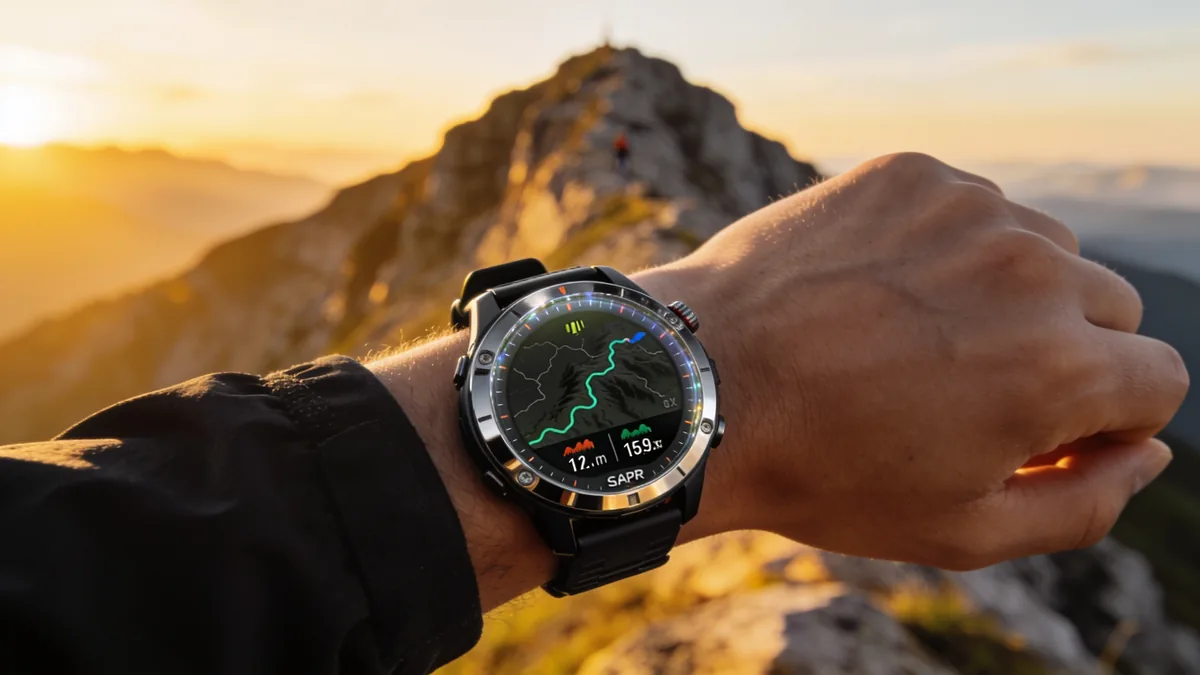 Reloj deportivo Polar Grit X2 Pro con GPS outdoor en la muñeca de un montañero al atardecer