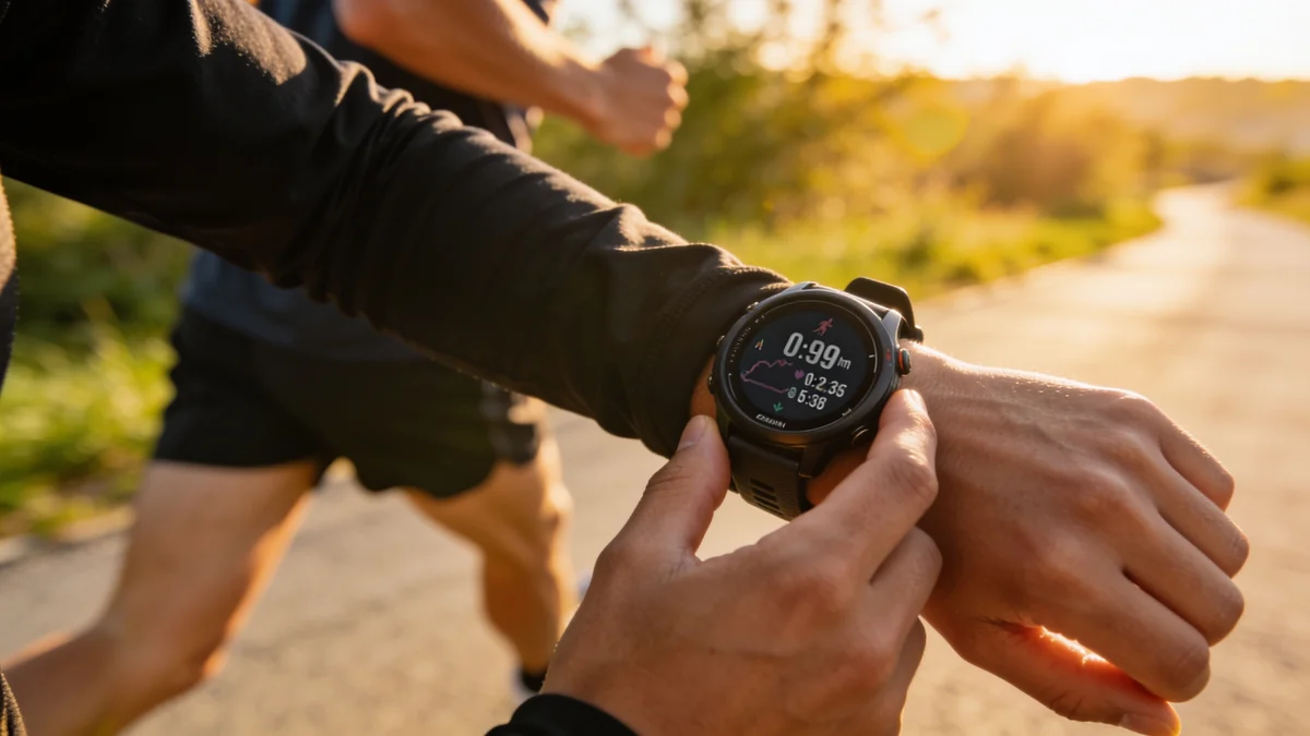 Corredor comprobando uno de los mejores relojes deportivos calidad-precio durante un entrenamiento al aire libre