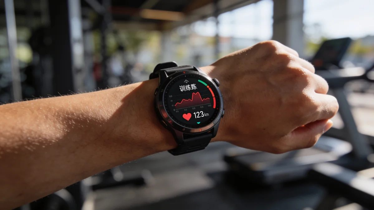Primer plano de un reloj deportivo multideporte mostrando datos de frecuencia cardiaca y ritmo en la muñeca
