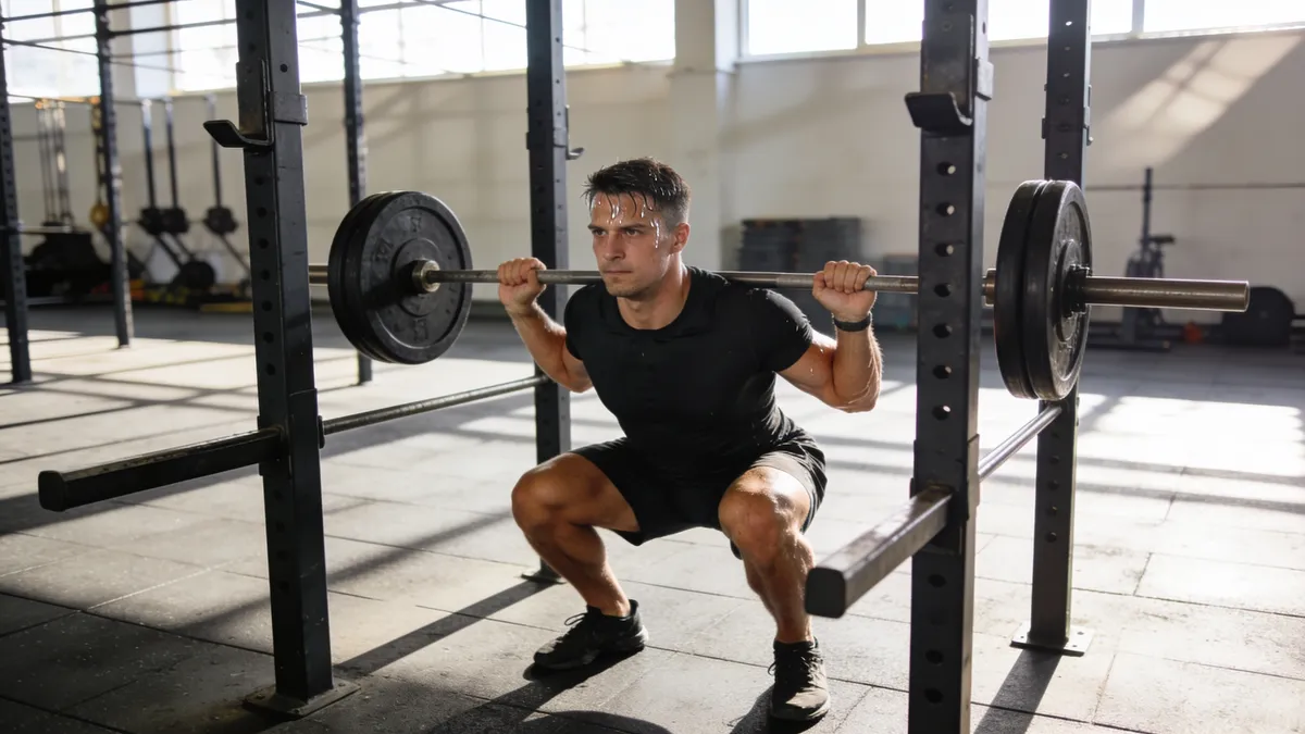 Rutina Push Pull Legs (PPL): la guía completa para organizar tu semana Hombre realizando sentadilla con barra en el día de pierna de una rutina push pull legs