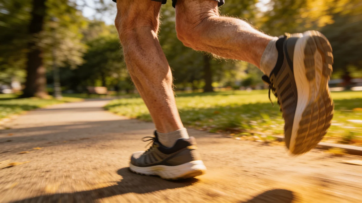Primer plano de las piernas de una persona mayor caminando rápido, ilustrando la velocidad de marcha y el deterioro cognitivo