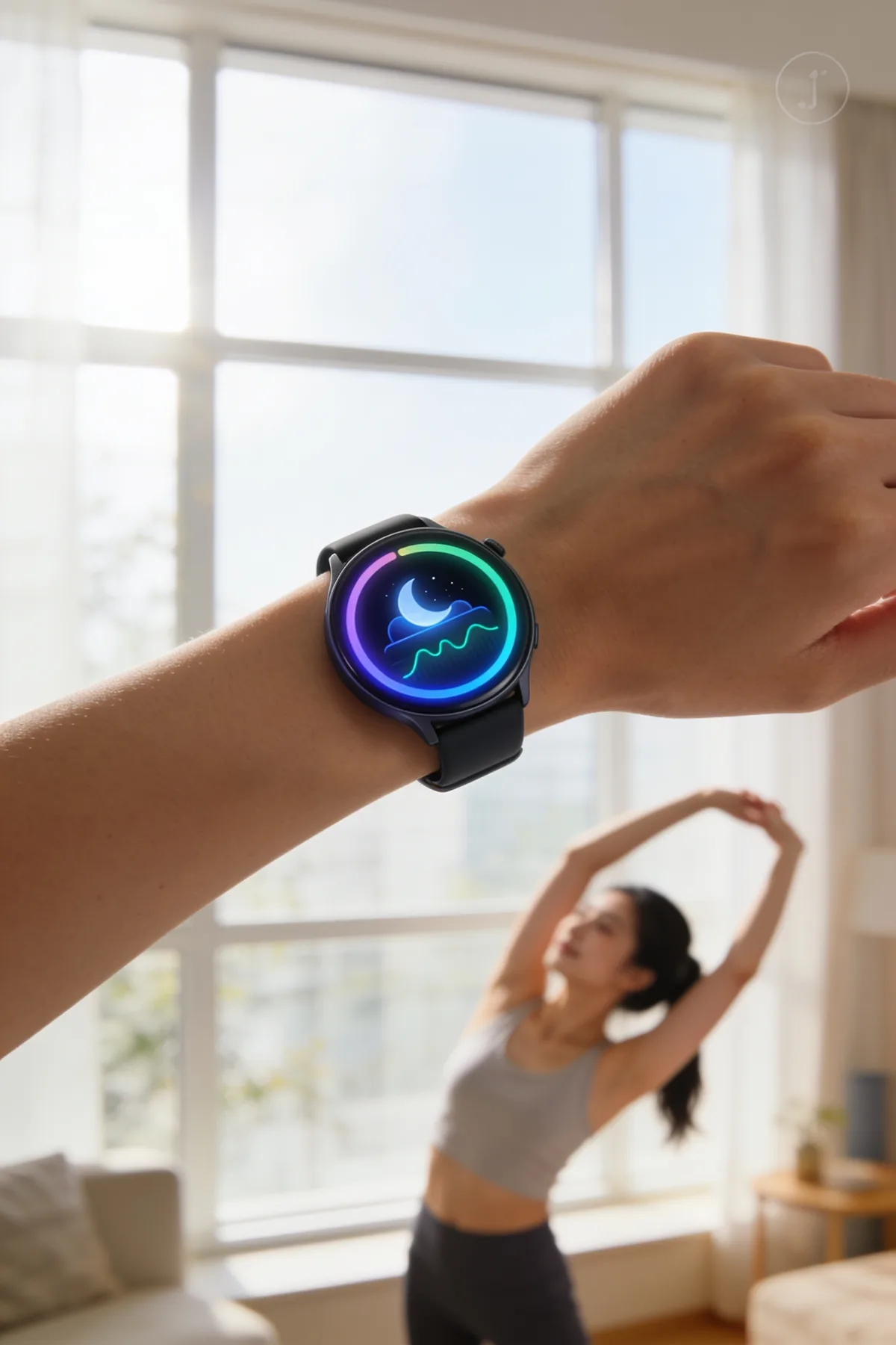 Xiaomi Smart Band 10 con pantalla AMOLED durante una sesión de estiramientos en casa