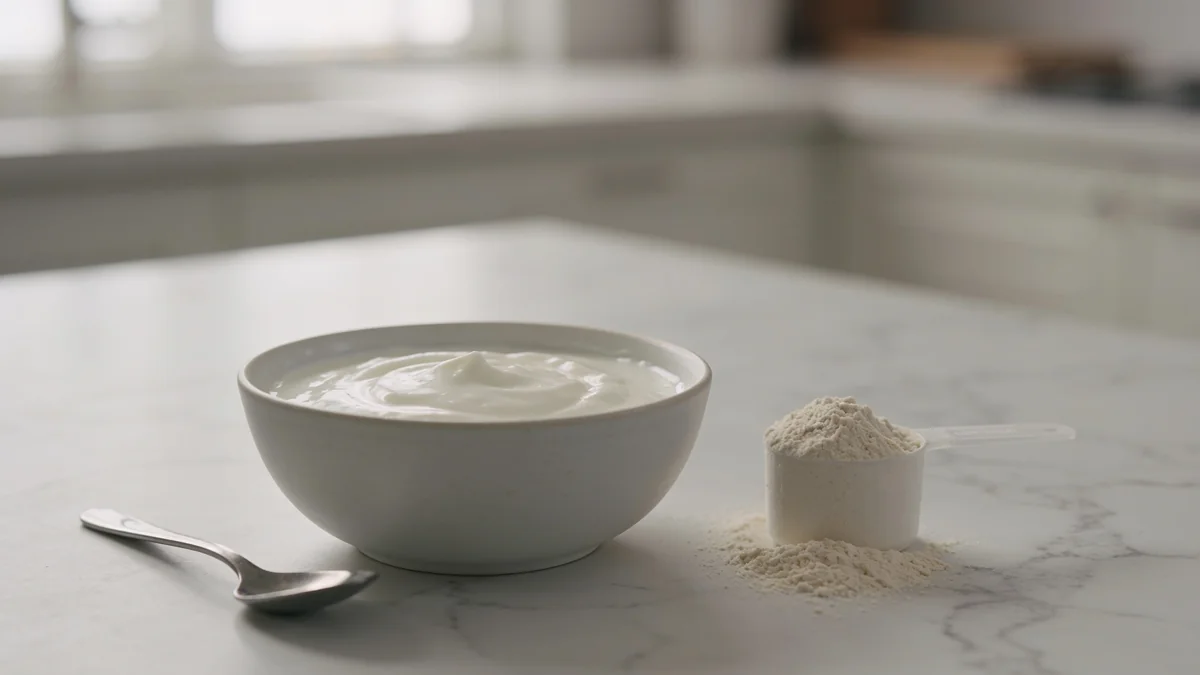 Bol de yogur proteico o proteína de suero en polvo sobre una encimera