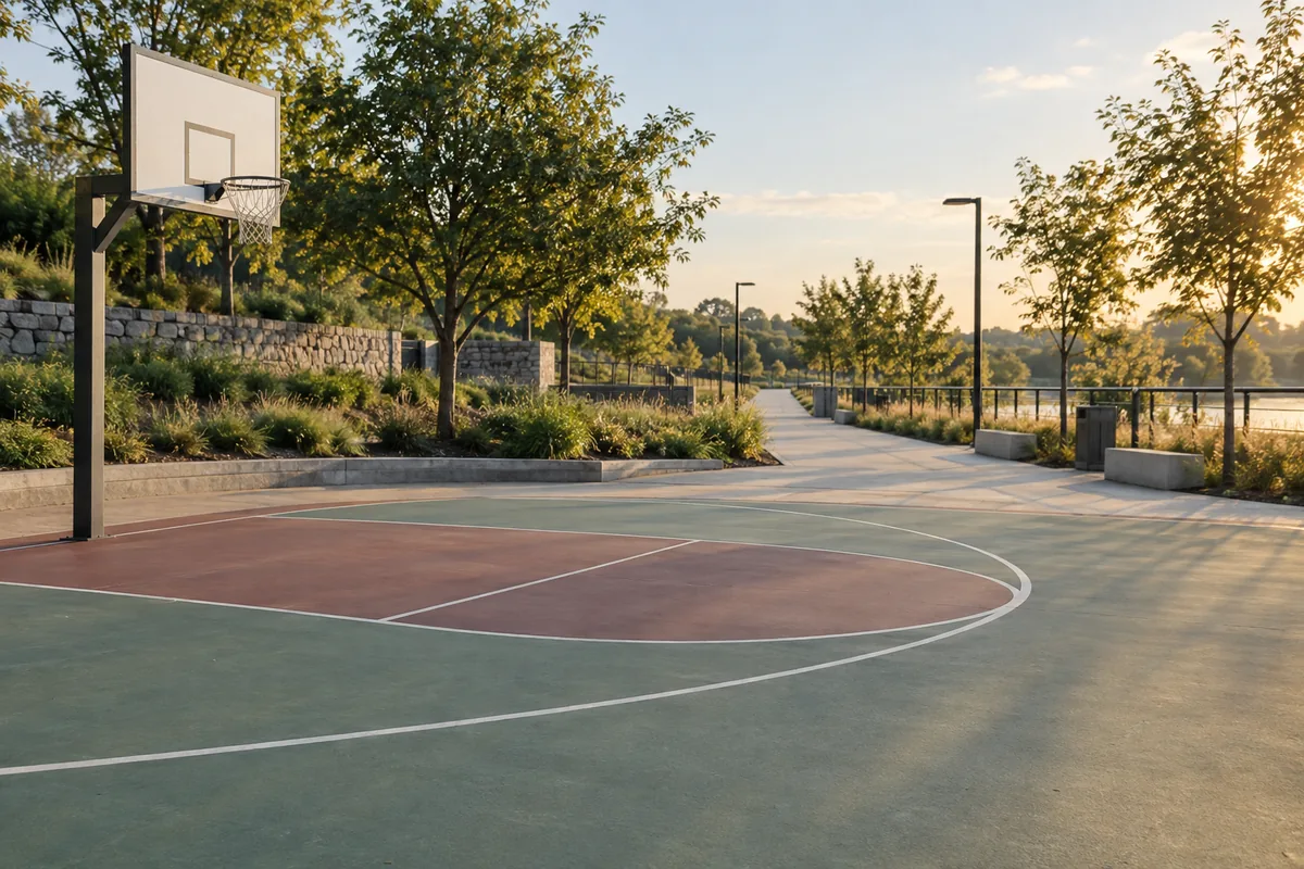 Cancha pública vacía junto a un paseo para actividad física de ocio