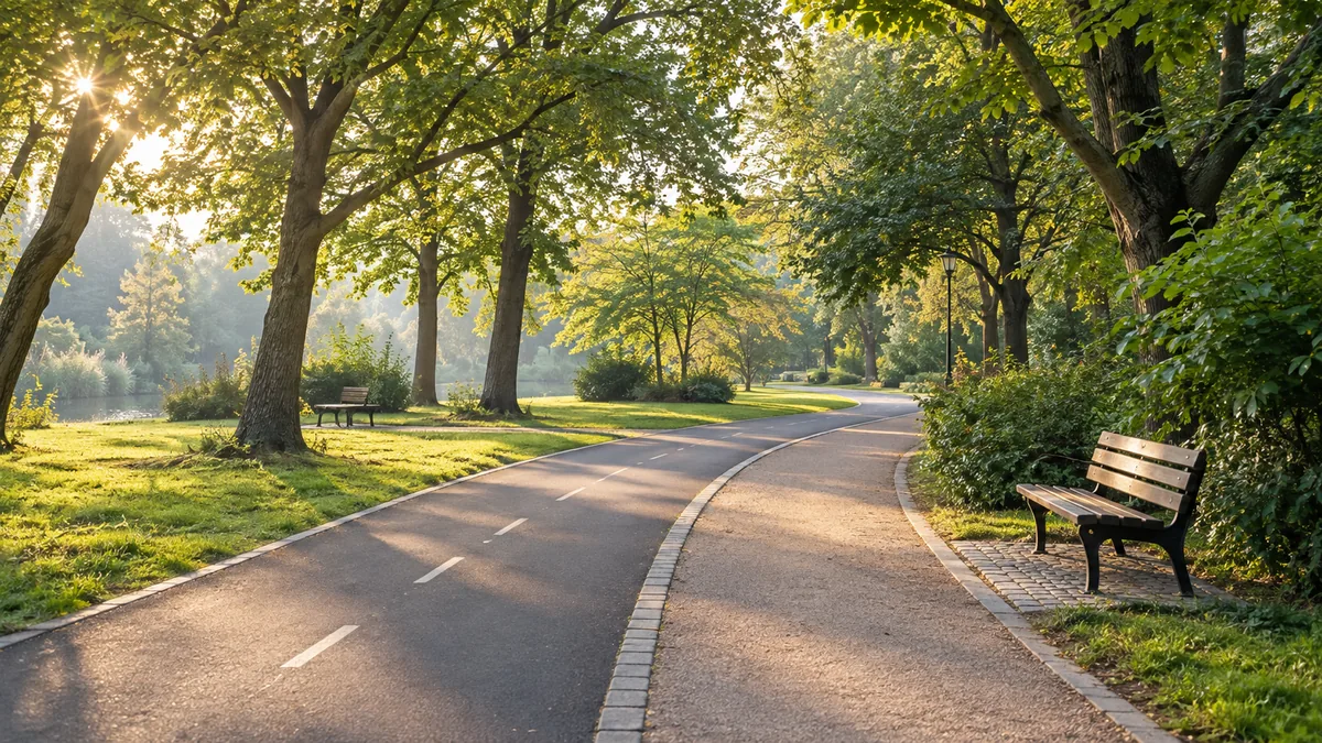 Paseo arbolado vacío para caminar o ir en bicicleta como actividad de ocio