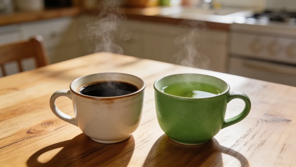 Café y densidad ósea: taza de café y taza de té sobre una mesa de madera