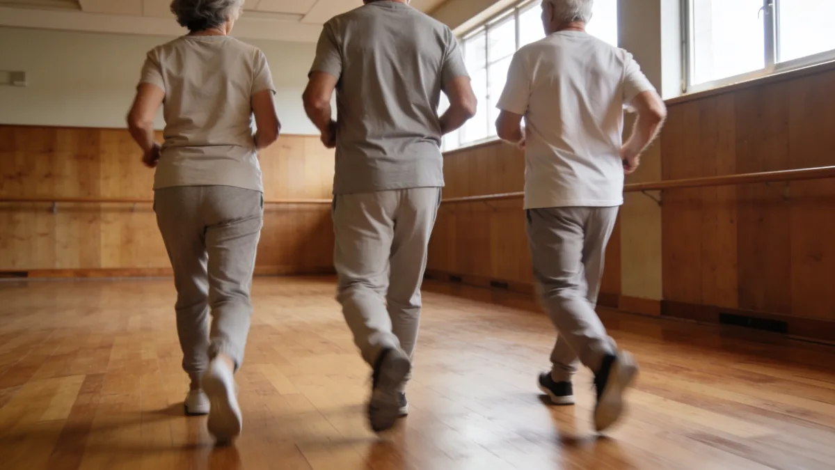 Personas mayores caminando en una sala, imagen editorial ilustrativa