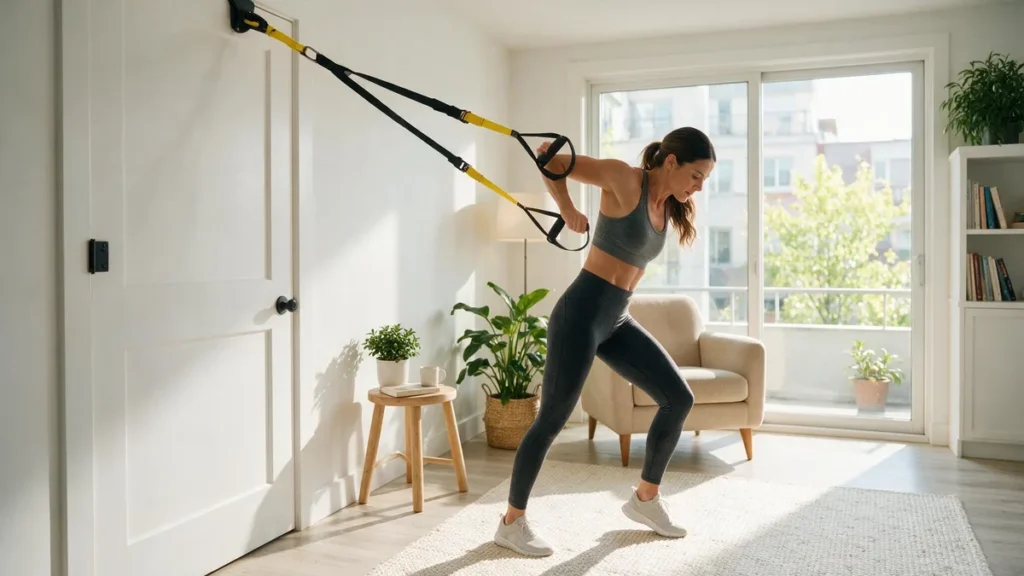 Mujer entrenando en casa con cinta de suspension TRX anclada a una puerta