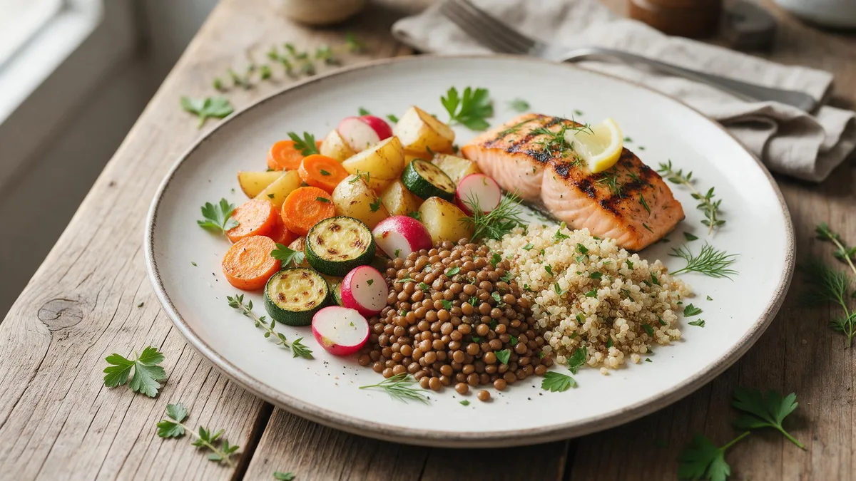 Plato equilibrado de dieta flexitariana con verduras, lentejas y pescado