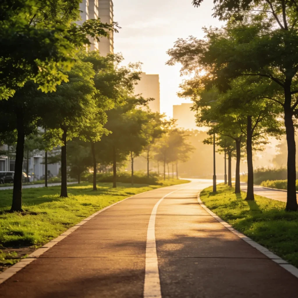 Sendero urbano al amanecer para ilustrar hábitos saludables