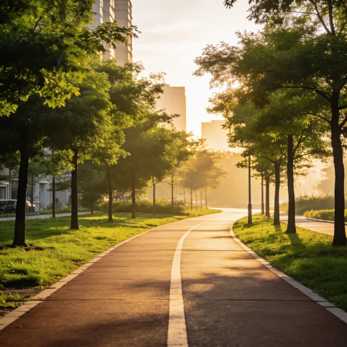 Sendero urbano al amanecer para ilustrar hábitos saludables