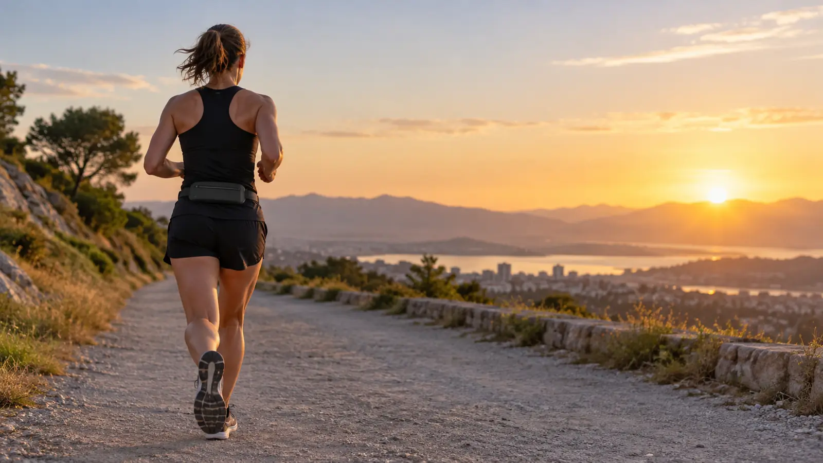 Corredora con un cinturón de running genérico al amanecer