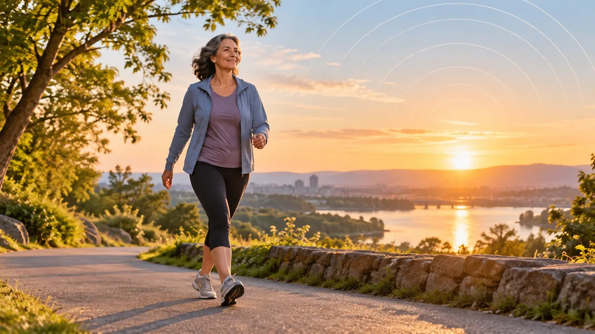 Persona de mediana edad caminando al aire libre al amanecer en una imagen editorial de actividad física