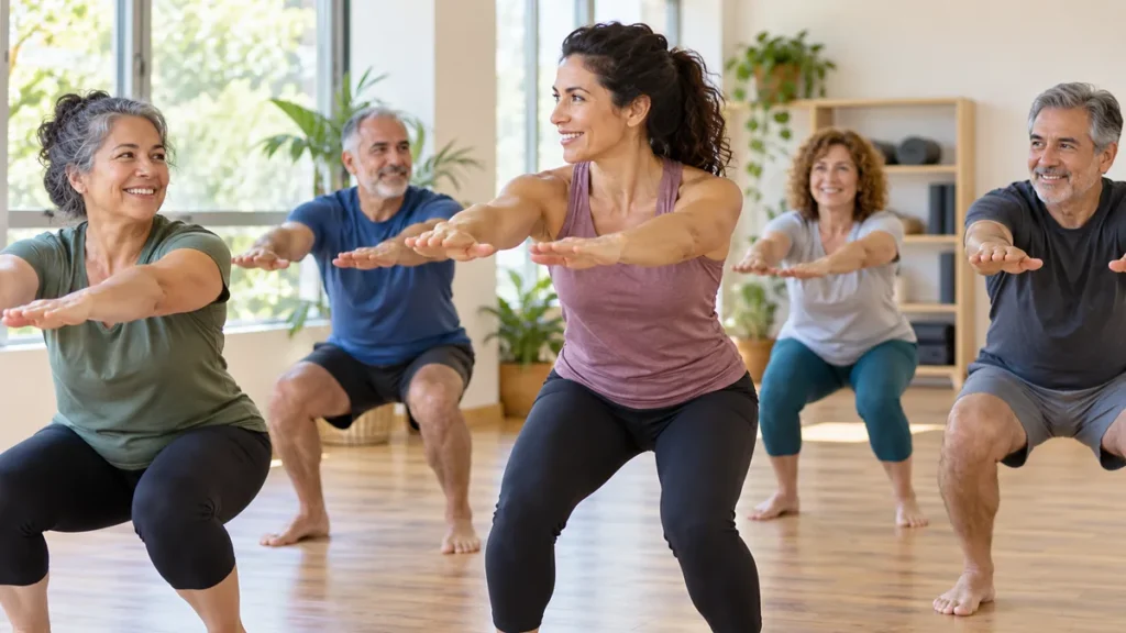 Grupo de adultos de mediana edad realizando ejercicio guiado en una imagen editorial
