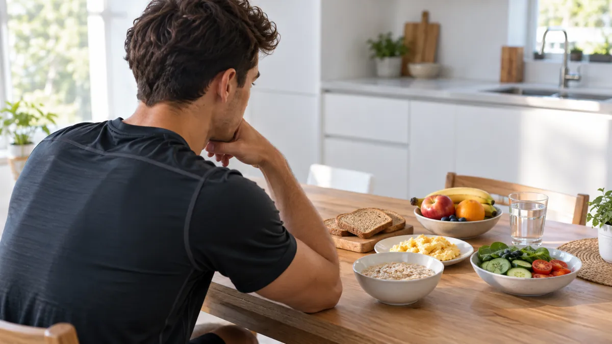 Futbolista ante un desayuno equilibrado para ilustrar un estudio de nutrición deportiva