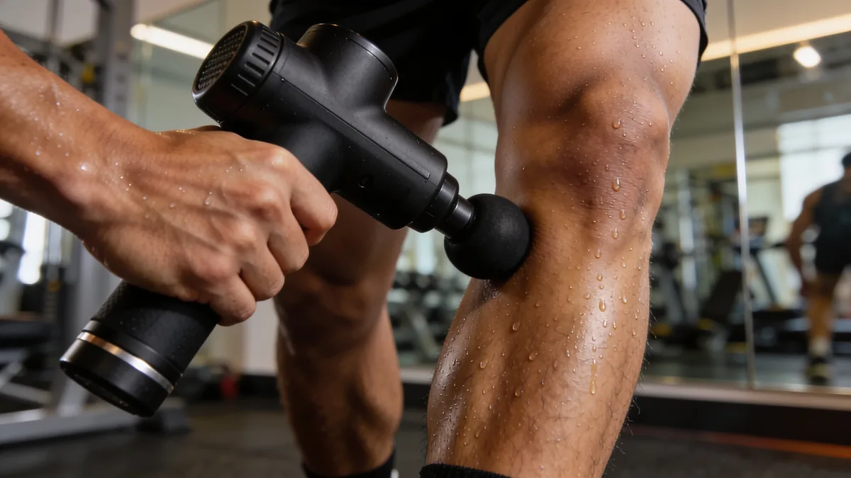 Deportista usando una pistola de masaje muscular con calor sobre la pantorrilla despues de entrenar