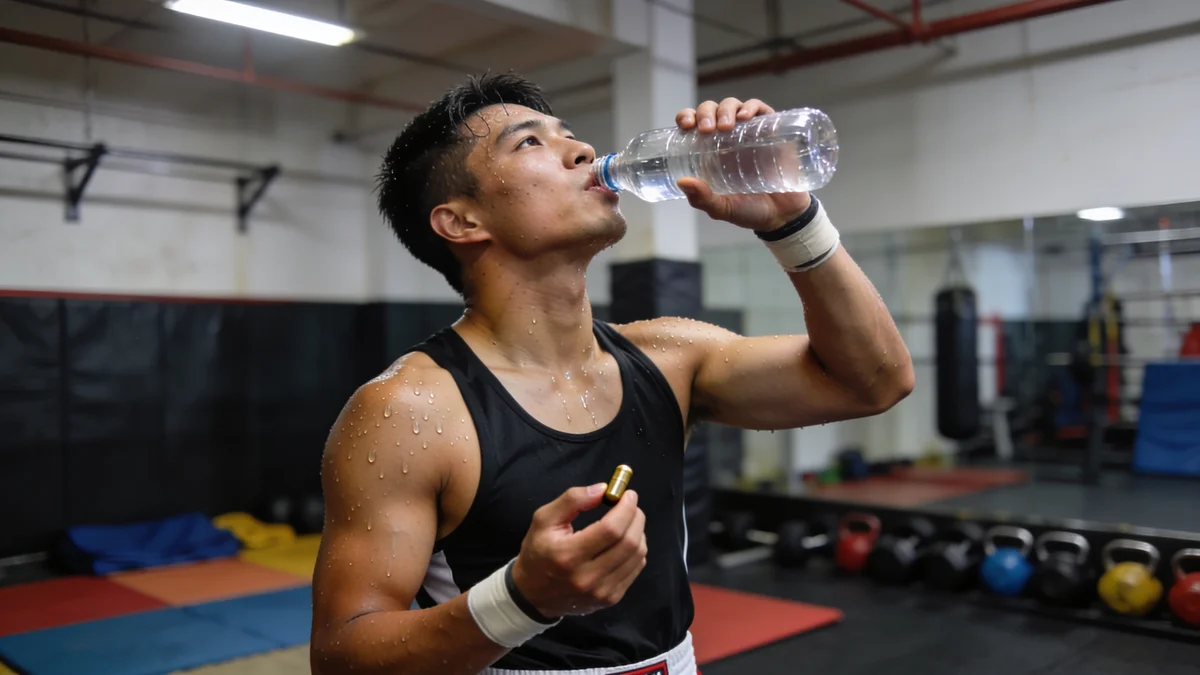 Deportista de combate hidratándose y tomando un probiótico antes del corte de peso