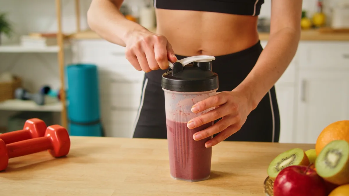 Preparando un batido de proteina vegana en coctelera despues de entrenar