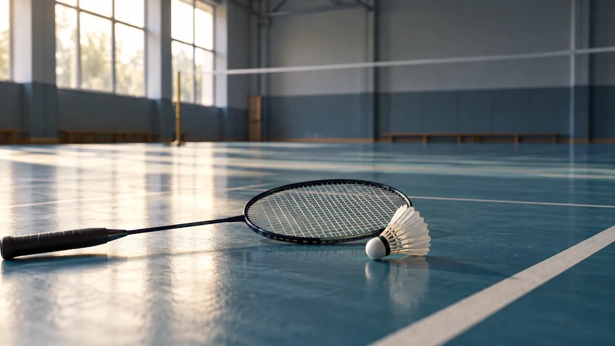 Raqueta y volante genéricos en una pista de bádminton vacía