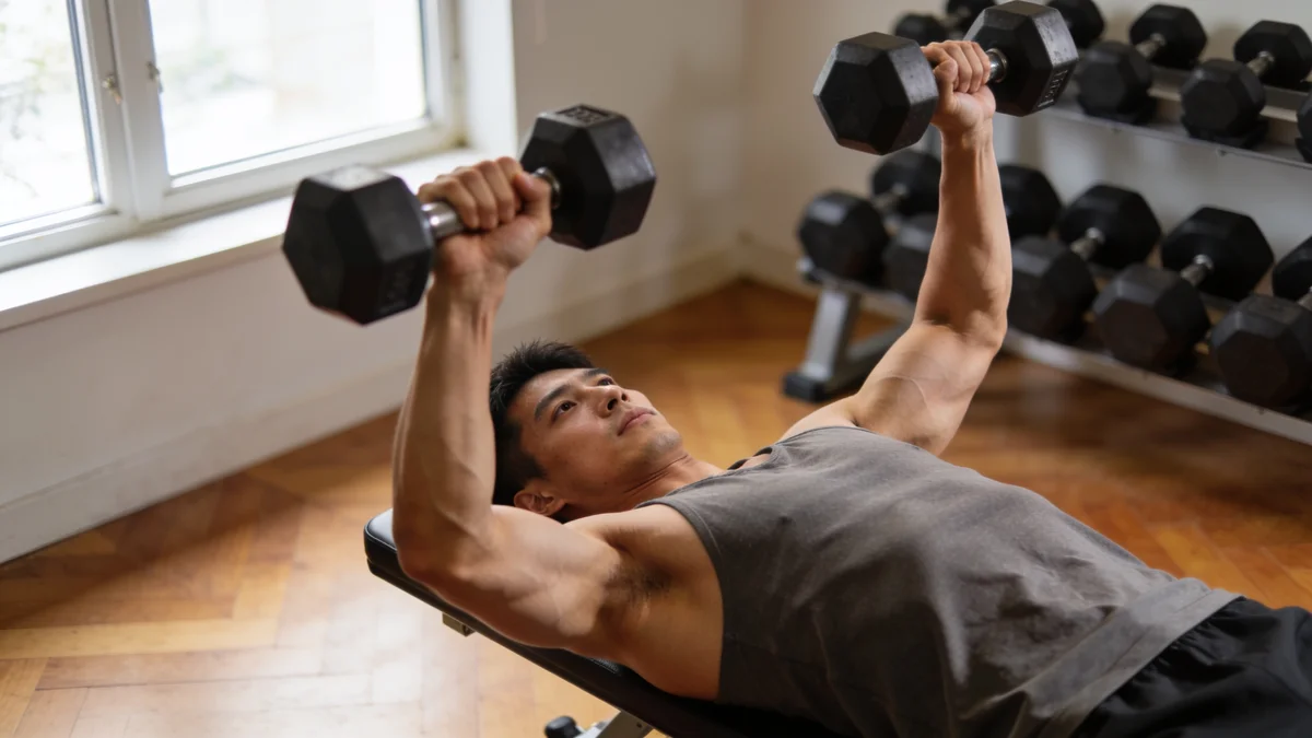 Rutina full body: guía para entrenar todo el cuerpo 3 días a la semana Press con mancuernas en banco dentro de una rutina full body en casa