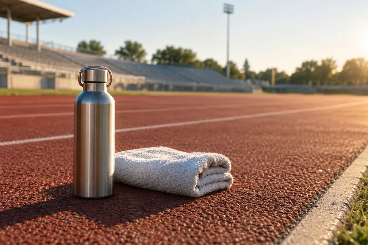 La sed durante el ejercicio con calor aumenta el malestar, pero no empeoró la atención en un ensayo pequeño Botella y toalla sin marca sobre una pista para ilustrar la sed durante el ejercicio con calor