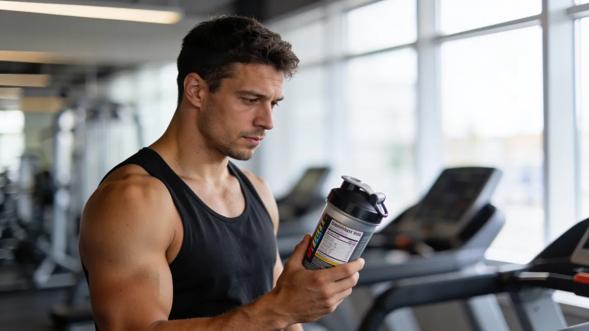 Hombre revisando la etiqueta de tirosina de su pre-entreno en el gimnasio