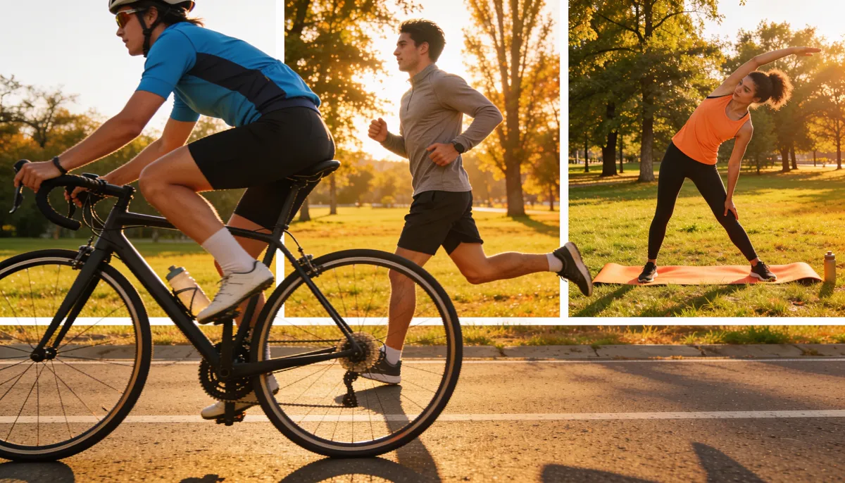 Collage de personas haciendo ciclismo, running y yoga al aire libre, ejemplo de variedad de ejercicio