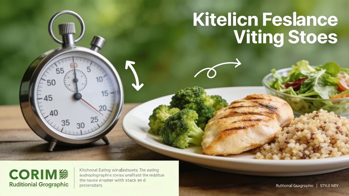 Ventana de alimentación y reloj junto a plato saludable para ayuno intermitente y ejercicio