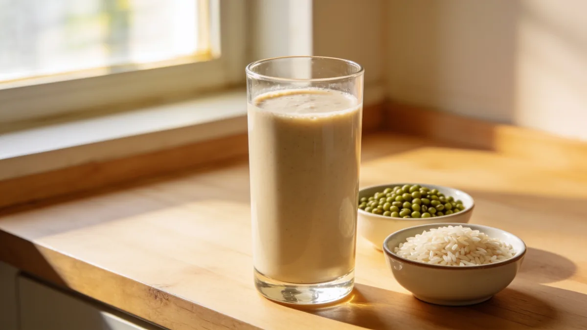 Batido de Weider Vegan Protein junto a guisantes y arroz