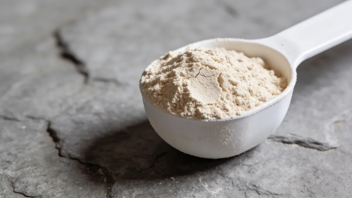 Cuchara dosificadora con proteina vegana en polvo tipo Weider Vegan Protein