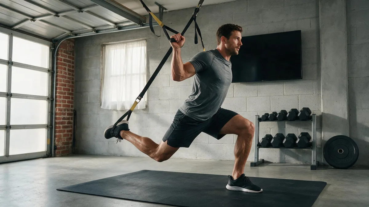 Hombre haciendo una zancada suspendida con cintas de entrenamiento TRX en casa