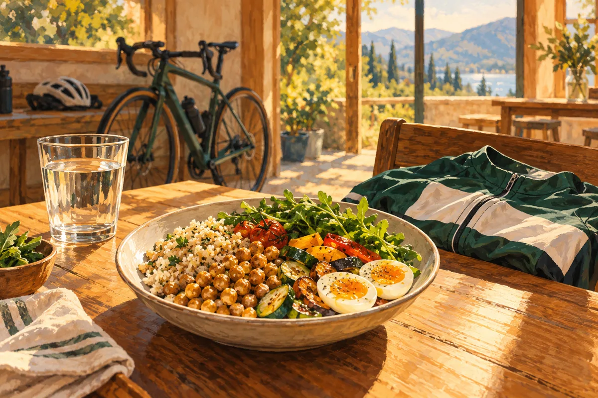 Baja disponibilidad energética: alimentación variada junto a una bicicleta