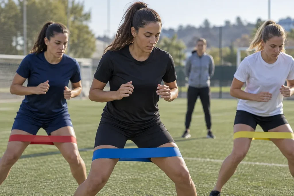 Bandas elásticas en fútbol femenino durante un entrenamiento editorial