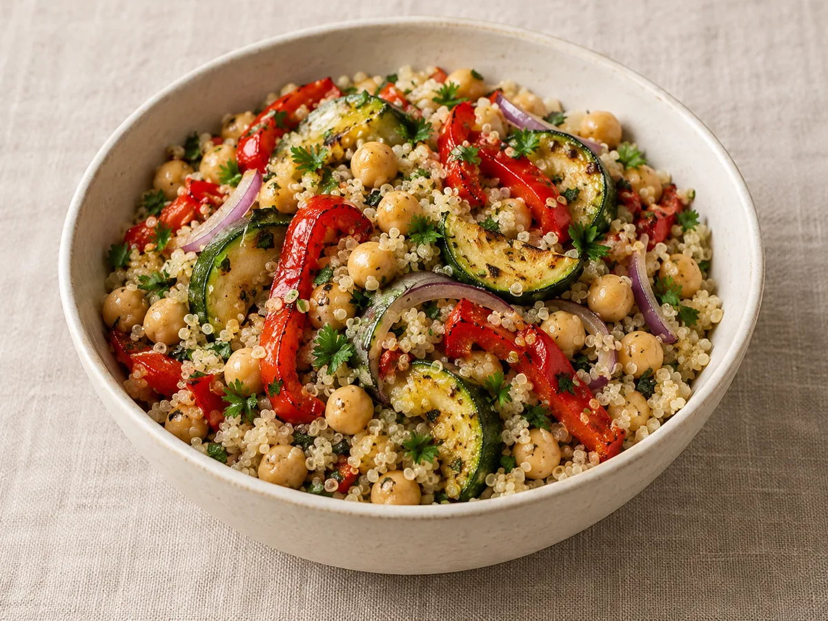 Bowl de quinoa con garbanzos y verduras asadas, ilustración editorial generada con IA