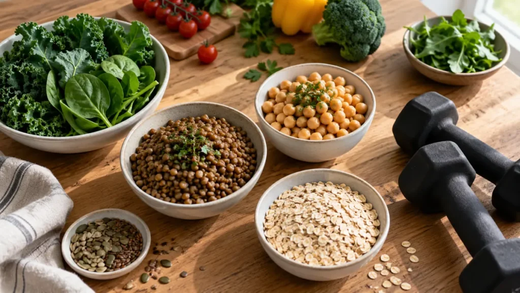 Alimentos vegetales y mancuernas para dieta vegetariana y entrenamiento de fuerza en mayores