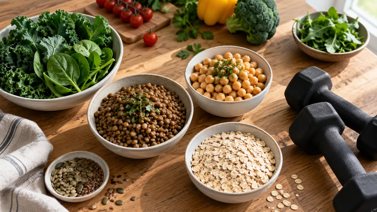 Alimentos vegetales y mancuernas para dieta vegetariana y entrenamiento de fuerza en mayores