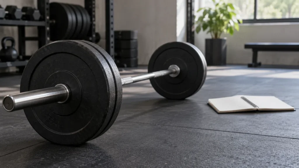 Barra y discos sin marca para entrenamiento de fuerza en hombres y mujeres