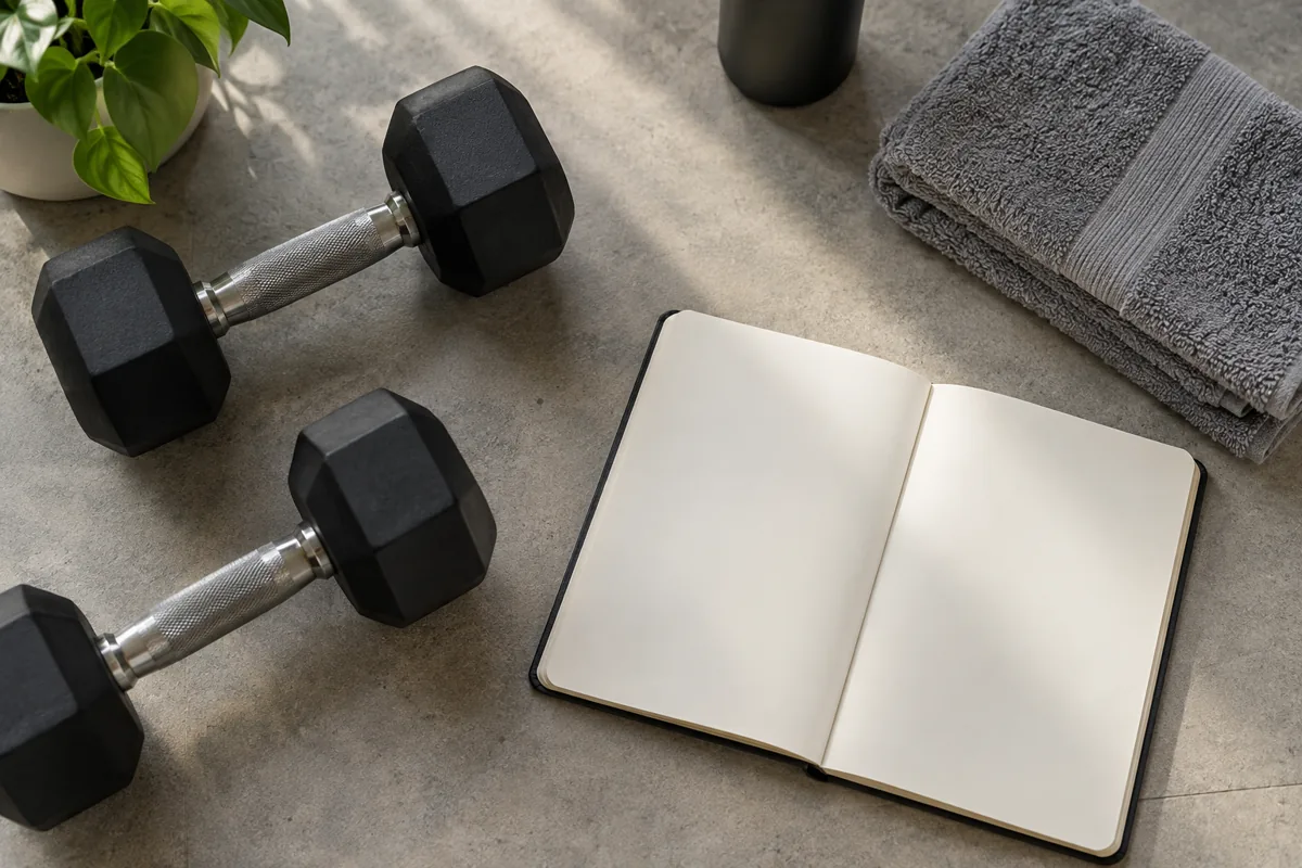 Mancuernas sin marca y cuaderno para entrenamiento de fuerza en hombres y mujeres