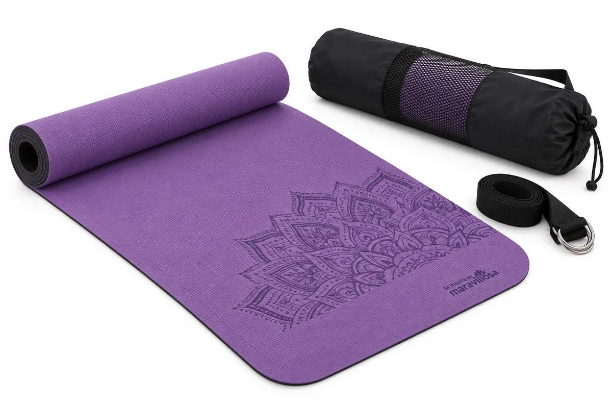 La Mente es Maravillosa TPE 6 mm Mandala Morado Negro esterilla recreación IA