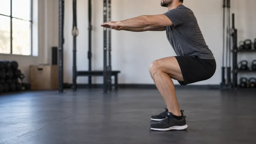 Persona haciendo una sentadilla sin carga en un gimnasio, imagen editorial generada con IA