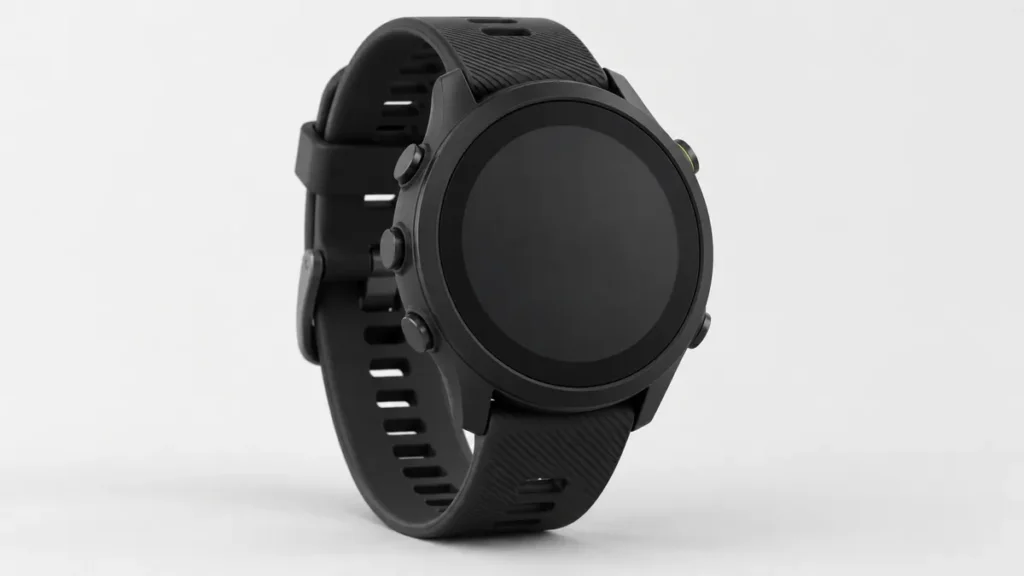 Reloj deportivo negro genérico, ilustración generada con IA; no corresponde al Garmin Forerunner 55