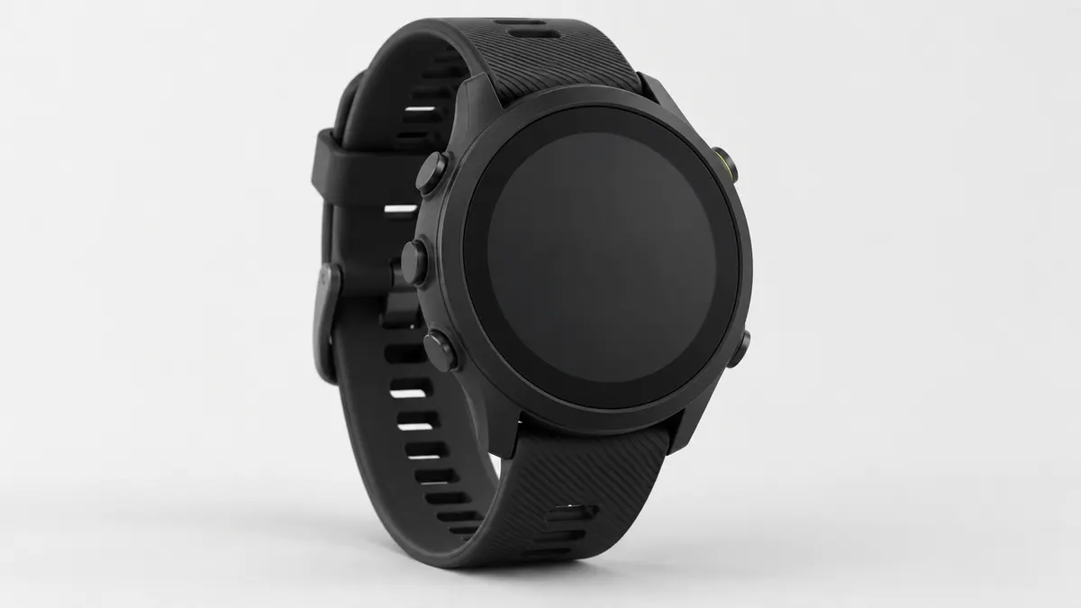 Reloj deportivo negro genérico, ilustración generada con IA; no corresponde al Garmin Forerunner 55