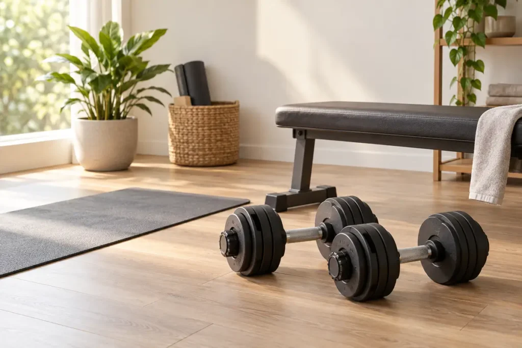 Mancuernas ajustables en un espacio de entrenamiento doméstico