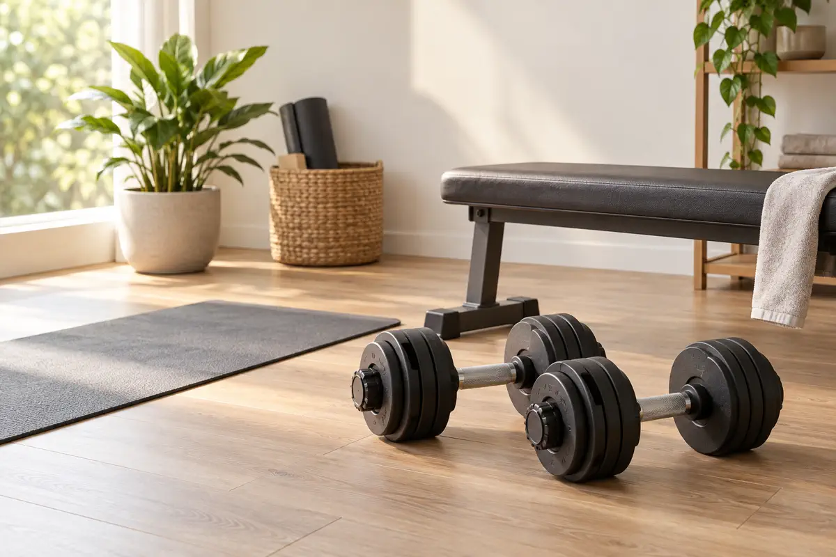 Nutrición y Fitness Mancuernas ajustables en un espacio de entrenamiento doméstico