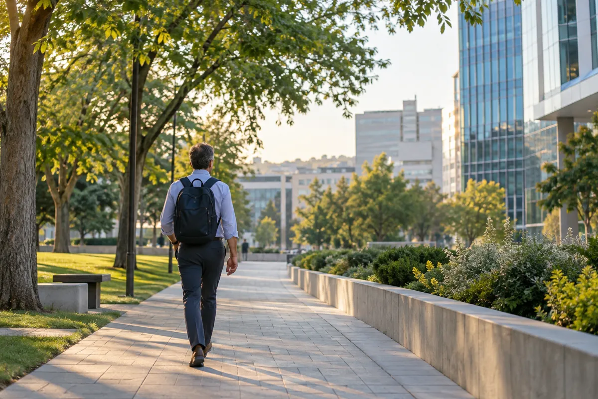 Juego de caminatas: trabajador paseando junto a oficinas