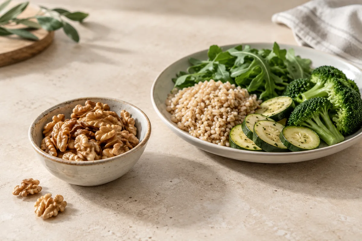 Nueces y alimentos vegetales, imagen editorial de dieta baja en carbohidratos